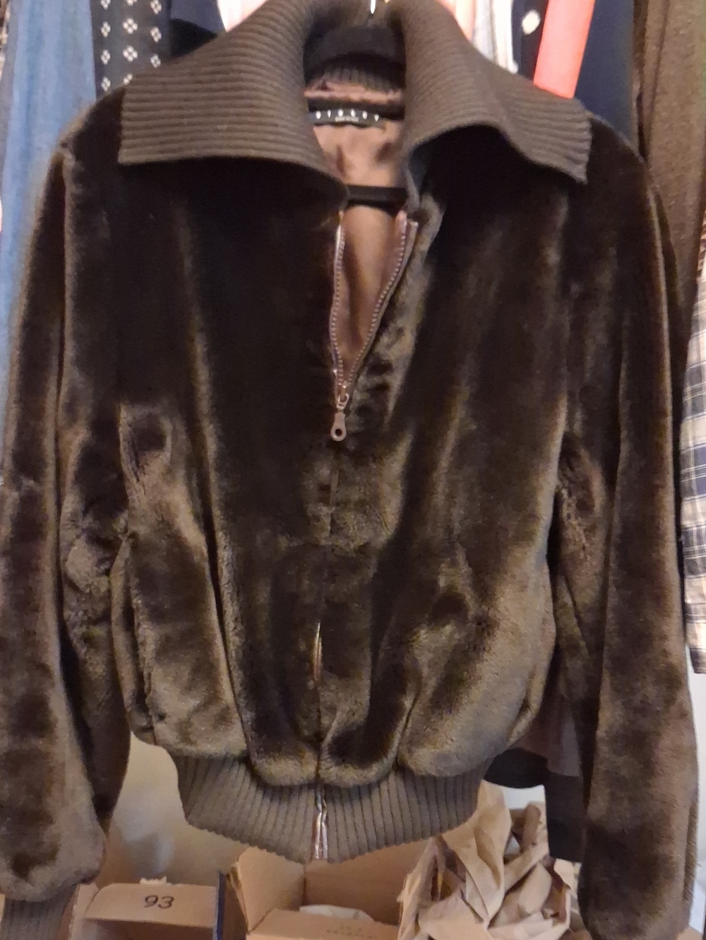 Sisley Designer NWOT Brown Faux Fur Bomber Jacket with Ribbed Collar